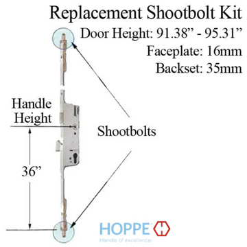 HOPPE 3-POINT MULTIPOINT LOCK, DOOR HEIGHTS 91.38" - 95.31, 1-3/8" BACKSET, SHOOTBOLT VERSION